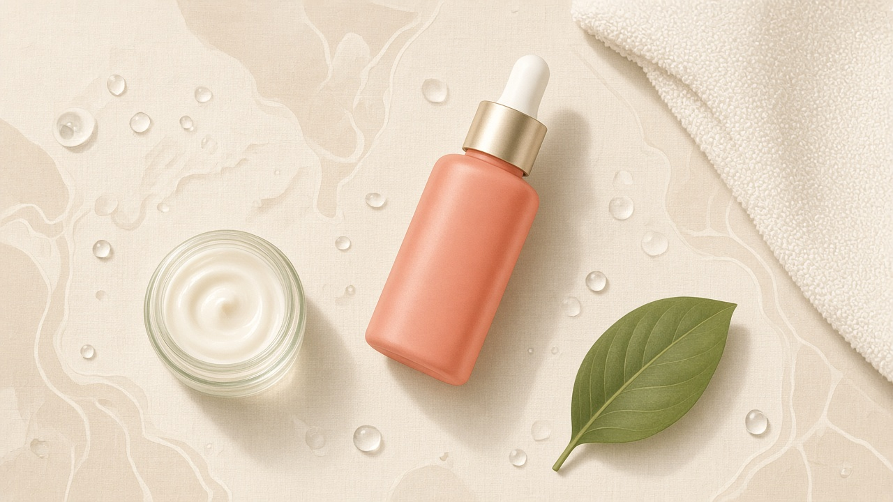 Clean beauty still life — serum, cream, leaf
